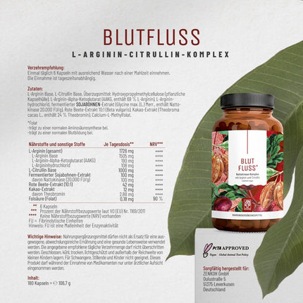 NATURTREU® Blood Flow augstas devas L-arginīna kapsulas ar citrulīnu – augstākās kvalitātes L-arginīna bāzes komplekss, L-arginīns (AAKG), L-arginīna HCl – 180 vegānas kapsulas, ražotas Vācijā un laboratorijā pārbaudītas