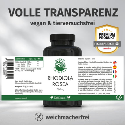 Rhodiola Rosea kapsulas — augsta deva: 500 mg vienā kapsulā ar 3% rozavīniem un 1% salidrosīdu — 4 mēnešu krājumi (120 kapsulas) — Rhodiola Rosea — aptiekas kvalitāte — Green Naturals®