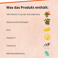 Dr. Wolz KinderImmun* 65 g pulveris - aktīvais komplekss imūnsistēmai* un augšanai** - imūnkomplekss ar C vitamīnu no acerola ķiršiem - vitamīni, minerālvielas un mikroelementi - veģetārs
