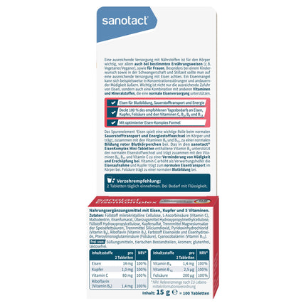 Sanotact dzelzs komplekss (100 mini tabletes) • Augstā devā ar 14 mg dzelzs, varu, folskābi, C, B2, B6, B12 vitamīniem • Tūlītēja iedarbība dzelzs deficīta gadījumā • Dzelzs asinsrades veicināšanai • 100% vegāns