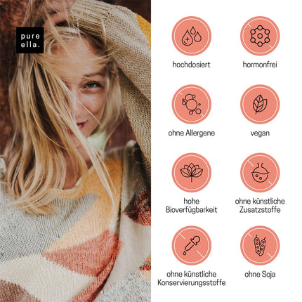 Pure Ella Vital uzturvielu komplekss sievietēm - satur vijoles ogas, aveņu mēli, safrānu, C vitamīnu, B6 vitamīnu un cinku - periodam pirms menstruācijām - dabīgs, bez hormoniem, vegāns - 60 kapsulas