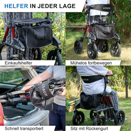 TABAS salokāms un viegls rollators ar sēdekli | Cenas/veiktspējas uzvarētājs | Āra rollators ar pneimatiskajām riepām, sēdekļa un muguras siksnu, somas un spieķa turētāju | Rollators senioriem | Lösch Reha palīglīdzekļi staigāšanai