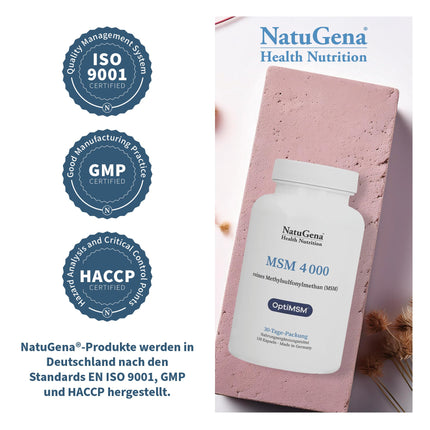 NatuGena MSM 4000, 4000 mg tīra metilsulfonilmetāna (MSM) vienā dienas devā, iegūts no izejvielas OptiMSM, 150 kapsulas (30 dienu iepakojums)