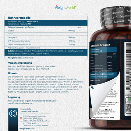 Omega 3 - 400 kapsulas 1+ gada lietošanai - 1000 mg zivju eļļas dienā - neaizvietojamās Omega 3 taukskābes ar EPA un DHA - sirdij, smadzenēm un asinsspiedienam (EFSA) - dabīga zivju eļļa no anšoviem - WeightWorld