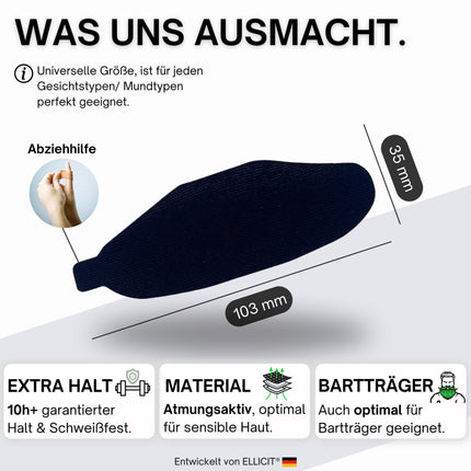 Ellicit® mutes plāksteris gulēšanai, 30 plāksteri augstas kvalitātes mutes plāksteriem gulēšanai, pret krākšanu, krākšanas plāksteri, optimāla fiksācija pat ar bārdu, 95% kokvilna [ērts universāls izmērs]