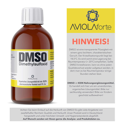 DMSO no AVIOLAforte | Dimetilsulfoksīds ar 99,9% farmaceitisku tīrību no Vācijas | Brūna stikla aptiekas pudele | 100 ml, 250 ml, 500 ml vai 1000 ml