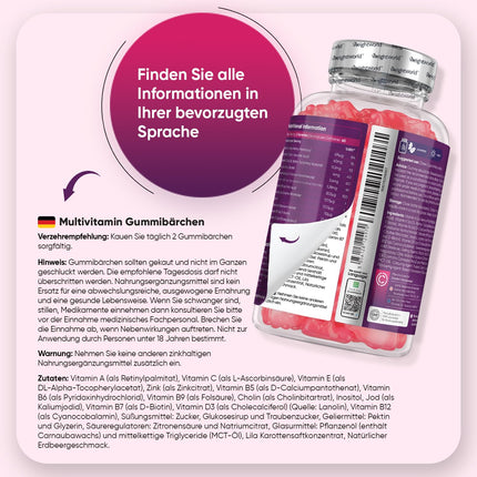 Multivitamīnu želejkonfektes - 120 želejkonfektes ar 13 sastāvdaļām - Ar jodu, C, A, D3, E, B9, B5 vitamīniem, biotīnu, cinku - Zemeņu garša - 2 mēnešu krājums - Alternatīva kapsulām - WeightWorld