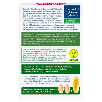 Doppelherz Omega-3 1000 vegāns - Augstas devas omega-3 taukskābes EPA un DHA no augu aļģu eļļas - 120 mazas, viegli norijamas kapsulas
