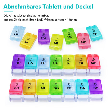 MOLN HYMY 7 dienu tablešu kastīte, 2 nodalījumi, rīta un vakara tablešu kastīte, liela ietilpība, bez BPA, 14 nodalījumi, spiedpoga (varavīksnes krāsā)