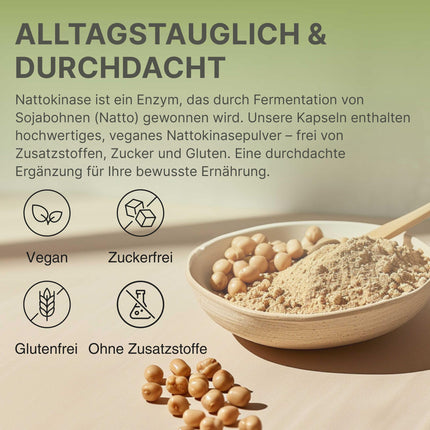 Nattokināzes kapsulas, augsta deva, 240 kapsulas, katra pa 100 mg (20 000 FU/g) - 8 mēnešu krājumi, laboratoriski pārbaudīts, vegāns - bez piedevām - Raibu