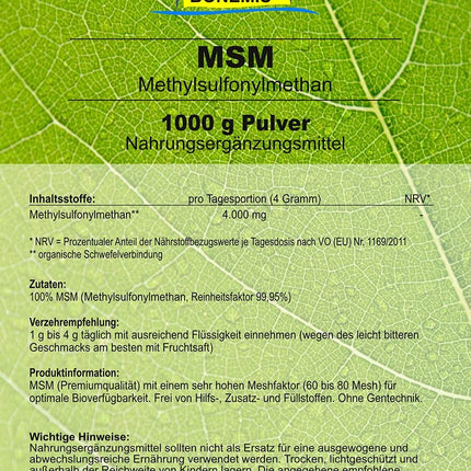MSM, 1 kg pulveris maisiņā, augstākā kvalitāte (99,95% tīrība, 60-80 mesh), bez silīcija dioksīda, bez DMSO atlikumiem, Bonemis®