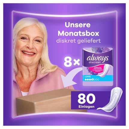 Always Discreet garie urīna nesaturēšanas ieliktņi, 80 ieliktņi (8 x 10 ieliktņi) mēneša iepakojumā, diskrēta aizsardzība un augsta uzsūkšanas spēja, neitralizē smakas