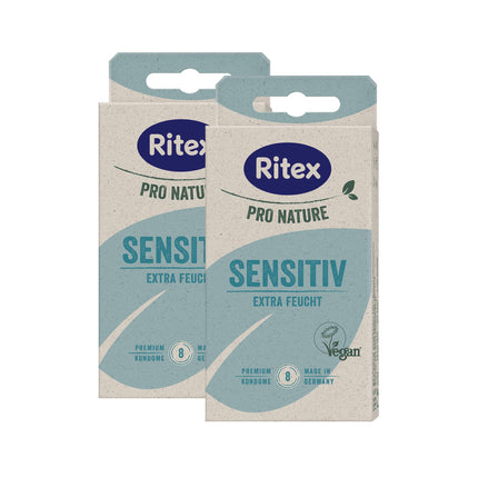 Ritex Pro Nature Sensitive prezervatīvi – dabiski īpaši mitrinoši – ilgtspējīgi godīgi. Ražoti Vācijā, 16 gabali.