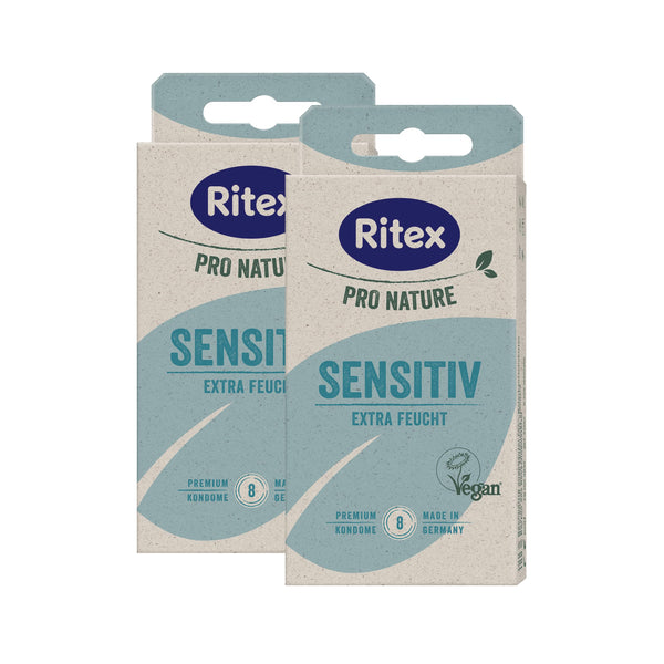 Ritex Pro Nature Sensitive prezervatīvi – dabiski īpaši mitrinoši – ilgtspējīgi godīgi. Ražoti Vācijā, 16 gabali.