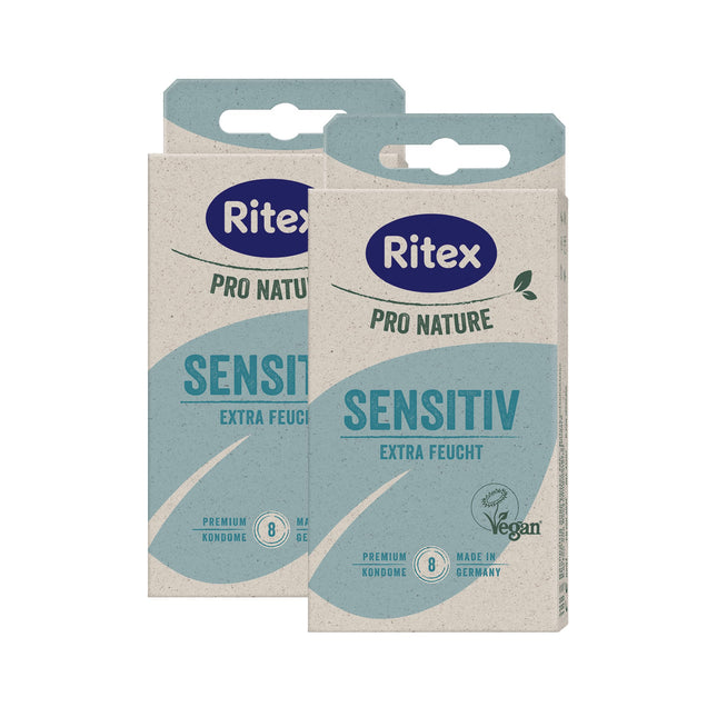 Ritex Pro Nature Sensitive prezervatīvi – dabiski īpaši mitrinoši – ilgtspējīgi godīgi. Ražoti Vācijā, 16 gabali.