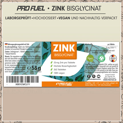 Cinks 25 mg - 365 tabletes (vegāns) ar cinka bisglicinātu (cinka helātu) maksimālai biopieejamībai - laboratoriski pārbaudīts ar sertifikātu - optimāli augsta deva - 1 gada krājums - ProFuel