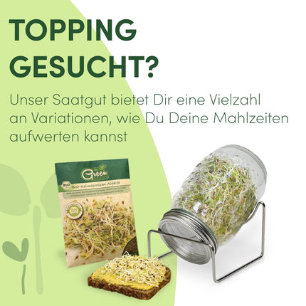 Green SEEDS dīgšanas burciņa, 2 gab. komplekts, 1000 ml, ar augstas kvalitātes nerūsējošā tērauda sieta vāku, statīvu + BEZMAKSAS dīgšanas ABC [Drukātas versijas]