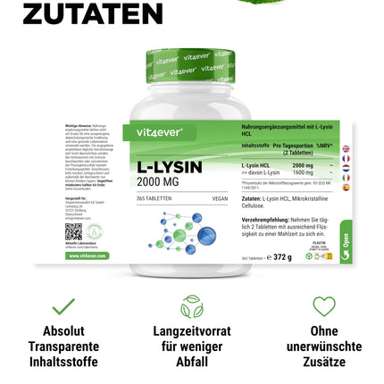 L-lizīns - 365 tabletes - augsta deva ar 2000 mg L-lizīna hidrohlorīda dienā - no augu fermentācijas - bez piedevām - vegāns