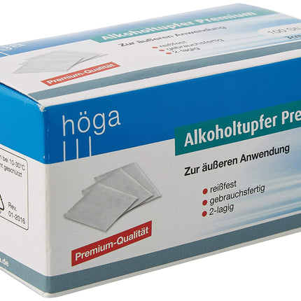 Höga-Pharm Premium spirta tamponi, ārīgai lietošanai, plīstizturīgi, gatavi lietošanai, divslāņu, 1 iepakojums (1 x 100 gab.)