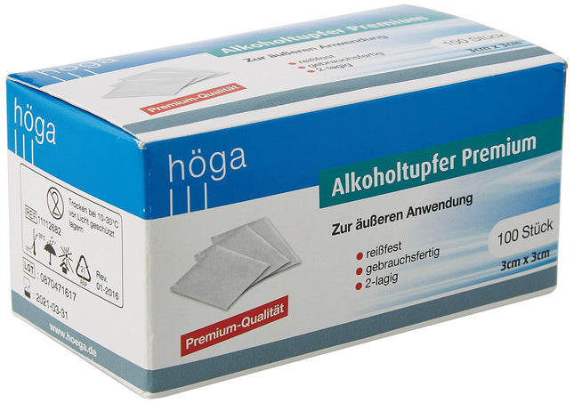 Höga-Pharm Premium spirta tamponi, ārīgai lietošanai, plīstizturīgi, gatavi lietošanai, divslāņu, 1 iepakojums (1 x 100 gab.)