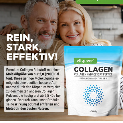Kolagēna pulveris 1000 g - 100% bioaktīvi kolagēna hidrolizāta peptīdi - 1., 2. un 3. tipa kolagēns - bez garšas - bez piedevām