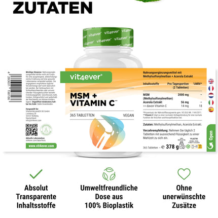 MSM 2000 mg - 365 tabletes - Ar dabīgu C vitamīnu no acerolas - Bez piedevām - 6 mēnešu krājumi - Augsta deva - Laboratorijā pārbaudīts - Vegāns