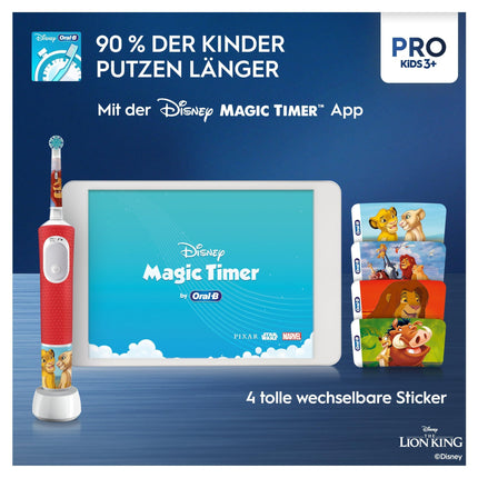 Oral-B Pro Kids Lion King elektriskā zobu birste bērniem no 3 gadu vecuma, ieskaitot Sensitive+ režīmu zobu kopšanai, īpaši mīksti sariņi, 1 birstes galviņa, 1 ceļojumu maciņš, balta/sarkana