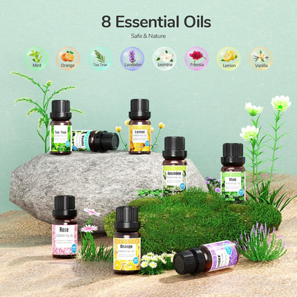 Aromātu difuzors, 600 ml ar 8 ēteriskajām eļļām, guļamistabas gaisa mitrinātājs, gaisa mitrinātājs ar tālvadības pulti, 4 taimeri, automātiska izslēgšanās bez ūdens lielām telpām