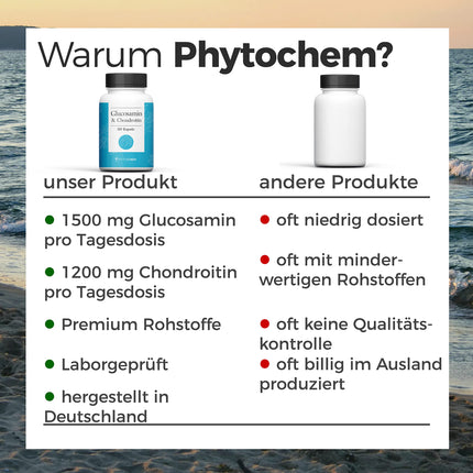 Phytochem glikozamīna un hondroitīna 180 kapsulas, augsta deva, 2700 mg dienā, bez piedevām un laboratoriski pārbaudītas