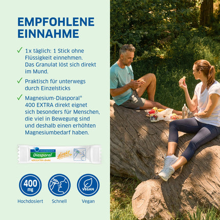 Magnijs-Diasporal 400 EXTRA tieši | Magnija nūjiņas ar augļu magnija pulveri | EXTRA KLASES tiešās granulas ar 400 mg magnija vienā paciņā, 50 magnija tiešās granulas