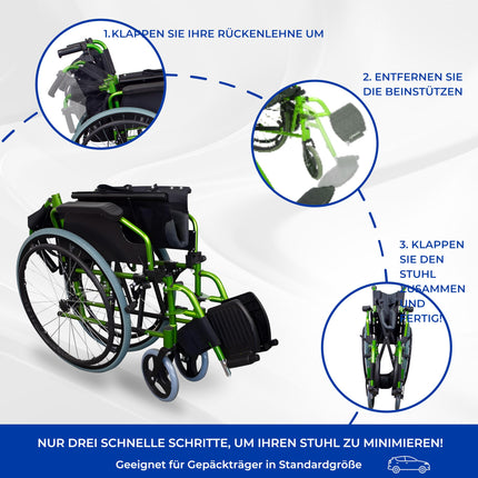 Mobiclinic®, Ratiņkrēsls, Bolonia, Alumīnijs, Salokāms un viegls, Salokāma dalīta atzveltne, Noņemams kāju balsts, Roku balsti, Pieaugušajiem, Zaļš