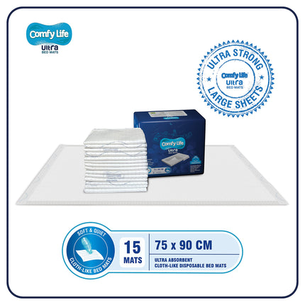 Comfy Life Ultra gultas paliktņi – augstākās kvalitātes luksusa vienreizlietojamie gultas paliktņi urīna nesaturēšanas gadījumiem – 75 x 90 cm – lieli palagi (15 iepakojumā)