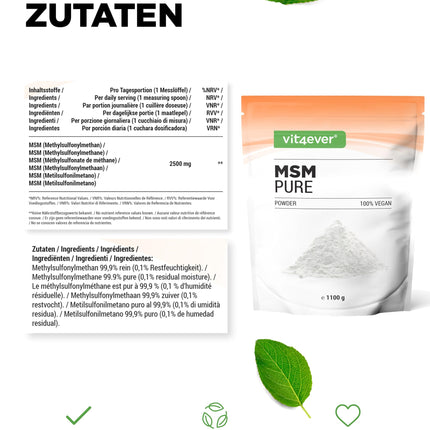 MSM pulveris - 1,1 kg (1100 g) - 99,9% tīrs kristālisks metilsulfonilmetāns - sieta koeficients 40-80 - organiskais sērs - vegāns
