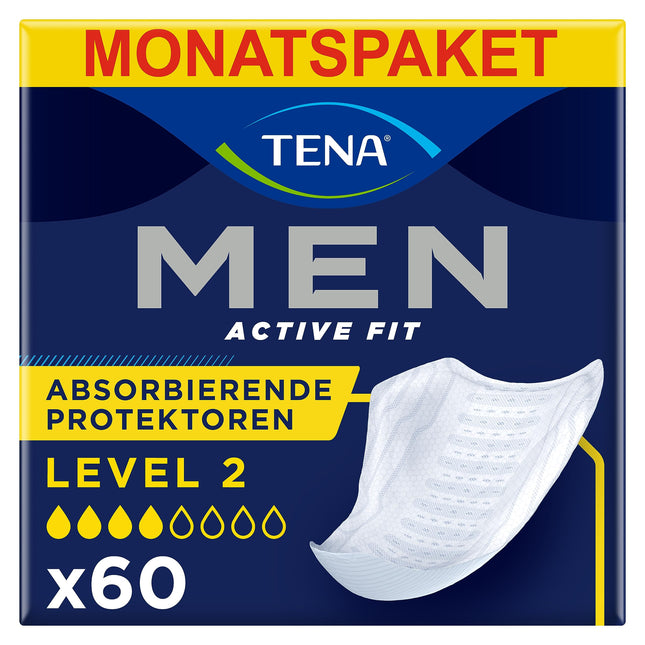 TENA MEN uzsūcošie ieliktņi, 2. līmenis — 60 ieliktņi mēneša iepakojumā (6 x 10), individuāli iesaiņoti — vīriešu higiēniskās paketes mērenai urīna zudumam un nesaturēšanai