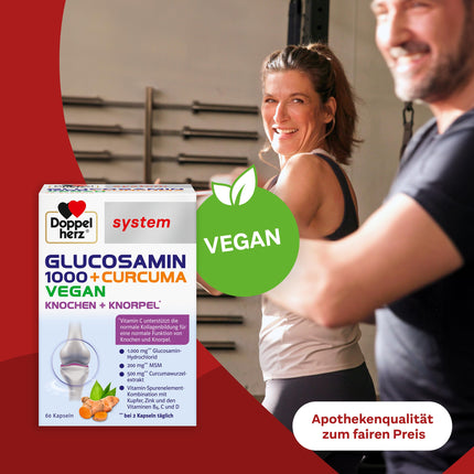 Doppelherz sistēma GLIKOZAMINS 1000 + KURKUMA VEGĀNS – C vitamīns veicina normālu kolagēna veidošanos normālai skrimšļu un kaulu funkcijai – 120 kapsulas