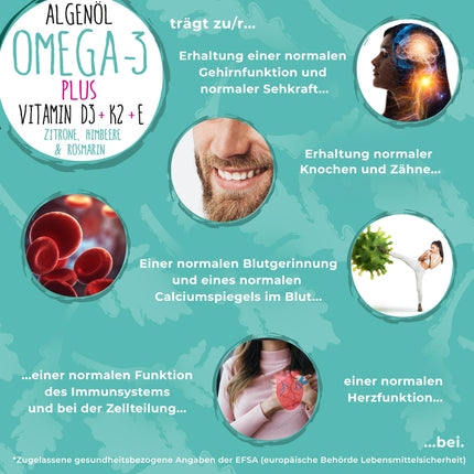 Omega-3 aļģu eļļa PLUS - 40% DHA un 20% EPA ar D3 + K2 + E vitamīnu - citrona un rozmarīna ekstrakts - vegāns (20 ml = 4 mēnešu krājums)