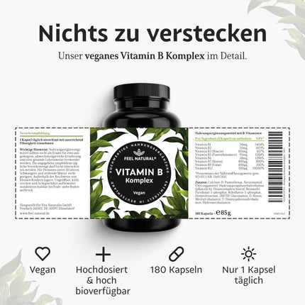 Augstas devas B vitamīnu komplekss - 180 vegānas kapsulas - Visi 8 B vitamīni (B1, B2, B3, B5, B6, B7, B9, B12) - 500µg B12 vitamīna - bioaktīvās B vitamīna formas - laboratoriski pārbaudītas, ražotas Vācijā