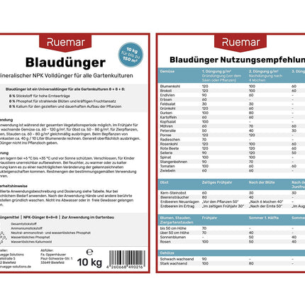 Ruemar Blue Fertilizer NPK mēslojums augiem 10 kg Universāls ilgtermiņa mēslojums Augļiem un dārzeņiem Ziediem 8 8 8 Organiskais augu mēslojums istabas augiem