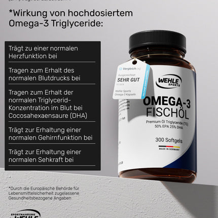 Omega 3 kapsulas augstā devā - 300 zivju eļļas kapsulas ar 2000 mg (1000 mg EPA un 500 mg DHA) vienā dienas devā - Omega-3 taukskābes bez E vitamīna - Rūpīgi attīrītas un iegūtas ilgtspējīgā zvejā