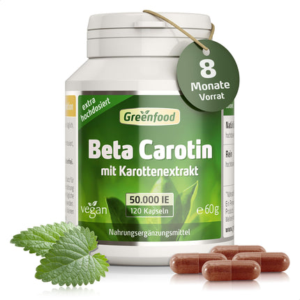 Beta karotīns, 50 000 SV (30 mg), 120 veģetārās kapsulas, augsta deva — A vitamīna priekštecis (acu, ādas aizsardzībai). Vegāns.