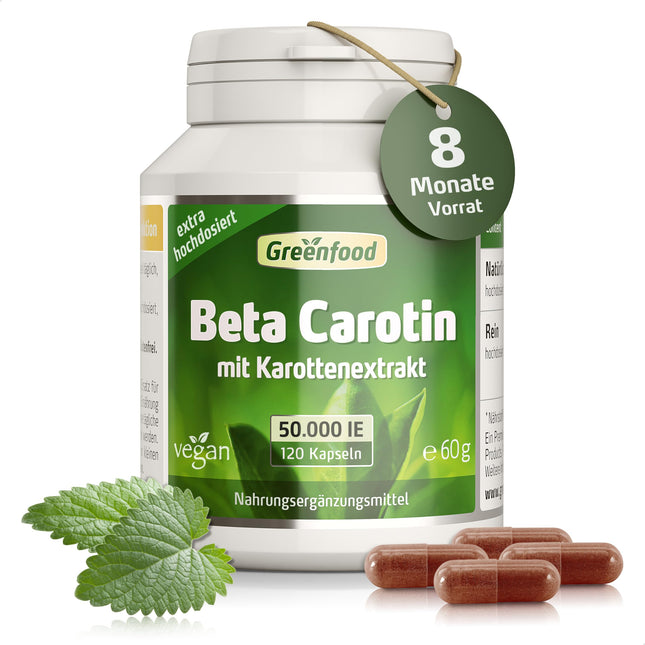 Beta karotīns, 50 000 SV (30 mg), 120 veģetārās kapsulas, augsta deva — A vitamīna priekštecis (acu, ādas aizsardzībai). Vegāns.