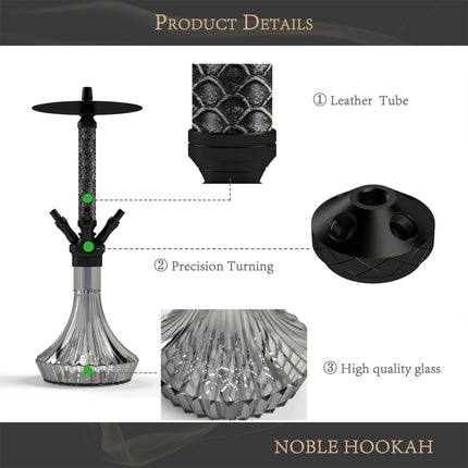 NOBLE HOOKAH ūdenspīpes komplekts ar 4 savienojumiem un ādas apdari, ūdenspīpes galviņa XL, ūdenspīpes galviņa 4, izgatavota no alumīnija caurules, aprīkota ar 4 silikona šļūtenēm un rokturi.
