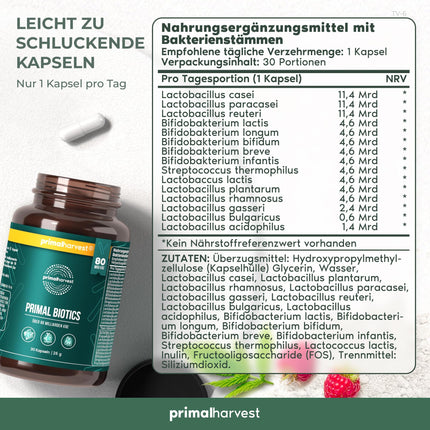 Primal Harvest ® Biotics - 30 kapsulas - 15 baktēriju celmi - 80 miljardi CFU + inulīns un dzīvās kultūras - laboratoriski pārbaudītas - zarnās šķīstošās kapsulas