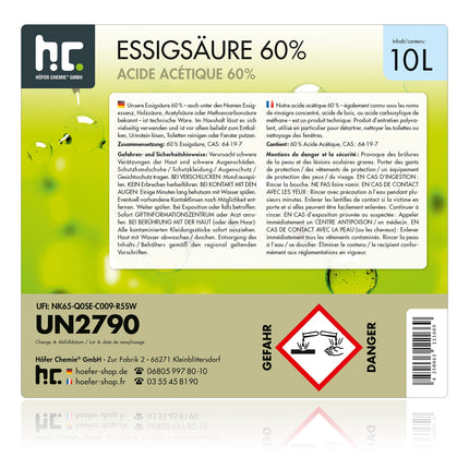 Höfer Chemie 10 l etiķskābe 60% - optimāls tīrīšanas un atkaļķotāja līdzeklis - augstākā kvalitāte, ražots Vācijā - svaigi iepildīts ērtā kannā