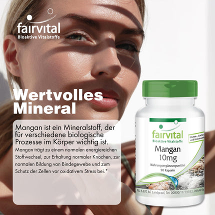 Fairvital | Mangāna kapsulas 10 mg - 90 kapsulas - AUGSTA DEVA - no mangāna glikonāta - vegāns - svarīgs mikroelements - mangāns