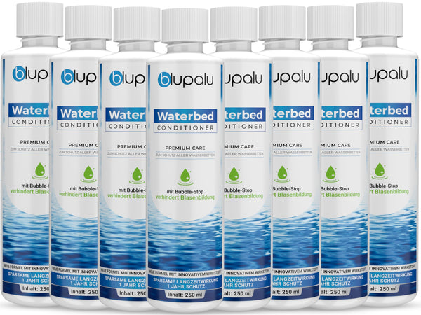 blupalu ūdensgultas kondicionieris Premium Care – 8 x 250 ml – ūdensgultas kondicionieris pret smakām un aļģēm, paredzēts visiem ūdens matračiem un sistēmām no visiem pazīstamākajiem ražotājiem.