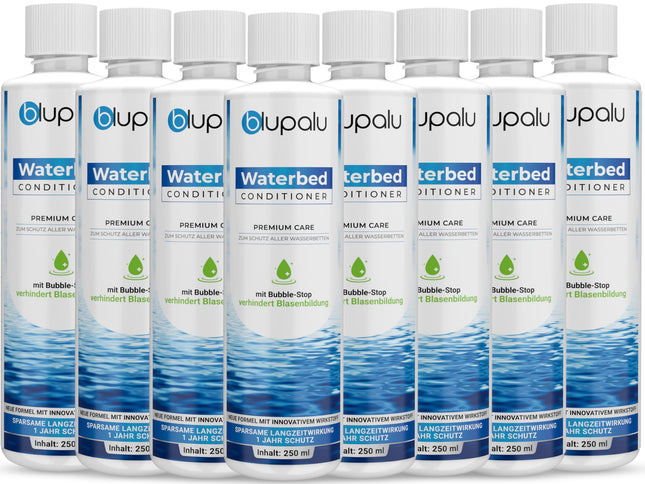 blupalu ūdensgultas kondicionieris Premium Care – 8 x 250 ml – ūdensgultas kondicionieris pret smakām un aļģēm, paredzēts visiem ūdens matračiem un sistēmām no visiem pazīstamākajiem ražotājiem.