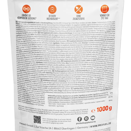 Kreatīna pulveris 1kg / 1000g tīrs kreatīna monohidrāts mikronizētā kvalitātē - optimāli dozēts kreatīna monohidrāts - kreatīna pulveris bez piedevām, 100% vegāns, pietiek 292 dienām