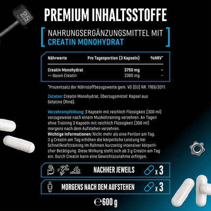 Kreatīna Ultra kapsulas - 420 kapsulas ar 1250 mg tīra kreatīna monohidrāta katrā - Premium: īpaši smalkas + sietveida faktors 200 - augsta deva