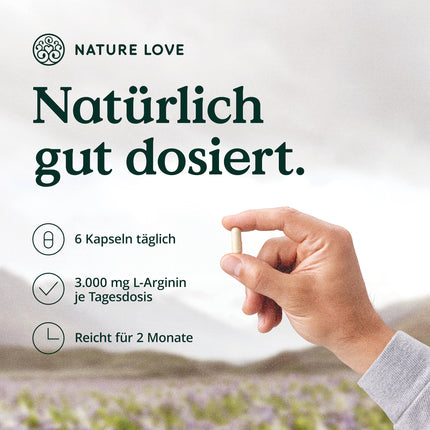 NATURE LOVE® L-arginīna bāze ar citrulīnu - 365 kapsulas - Augstas kvalitātes augu izcelsmes arginīns BĀZES formā ar 99,7+% tīrību - Augsta deva, vegāns, ražots Vācijā